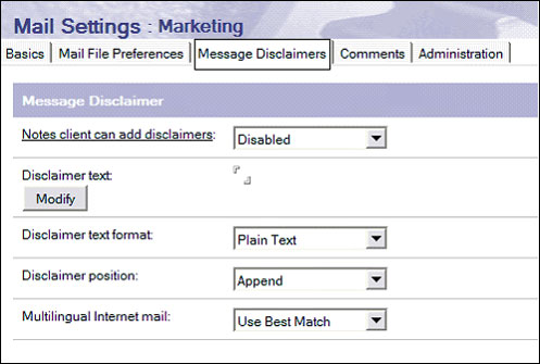 Mail Settings Policy �ĵ��� Messaging Disclaimers