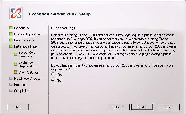 图 2 Exchange 2007 安装旧式客户端问题