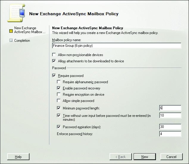图 2 Exchange Server 2007 ActiveSync 邮箱策略
