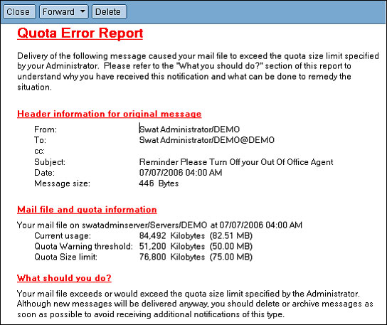 选中 “Deliver Anyway...” 选项时 Quota Error Report 的示例