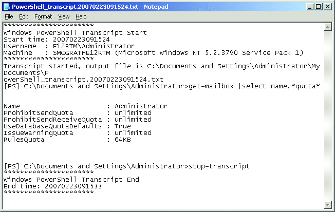 图 3 Windows PowerShell 保存您所使用的命令的记录,并将其存储在一个 .txt 文件中