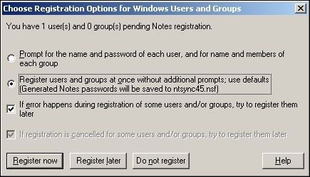 用于 Windows 用户和组的 Registration 选项