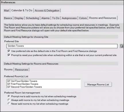 Preferences 对话框中 Calendar & To Do 附签下的 Rooms and Resources 附签