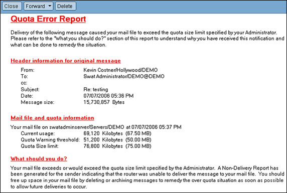 选中 “Non deliver to originator” 选项时 Quota Error Report 的示例