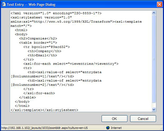 使用 XML 格式化并在 XML Web Part 中显示的 Domino 视图